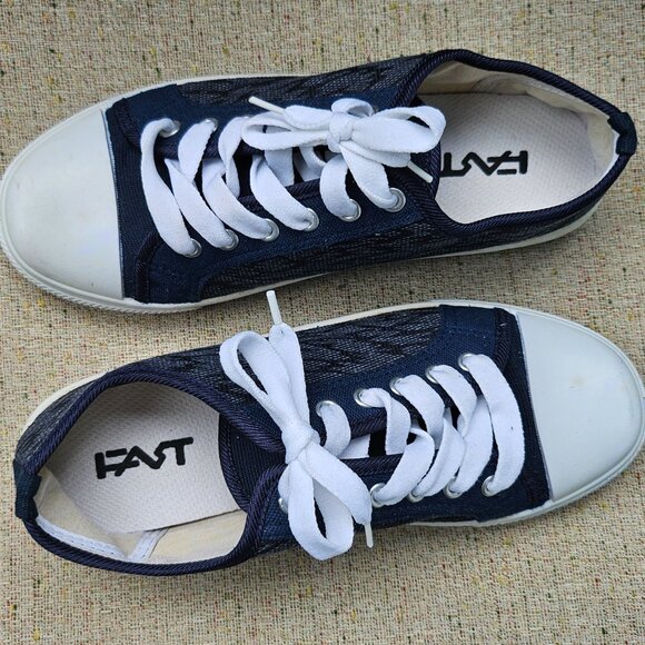 Fast Men Sneaker Canvas Blue/White Shoes Lace Up White Laces White Rubber Toe - Picture 4 of 10